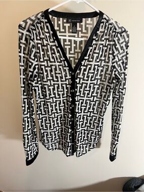 INC International Concepts Black & White Geometric Print Button-Front Blouse